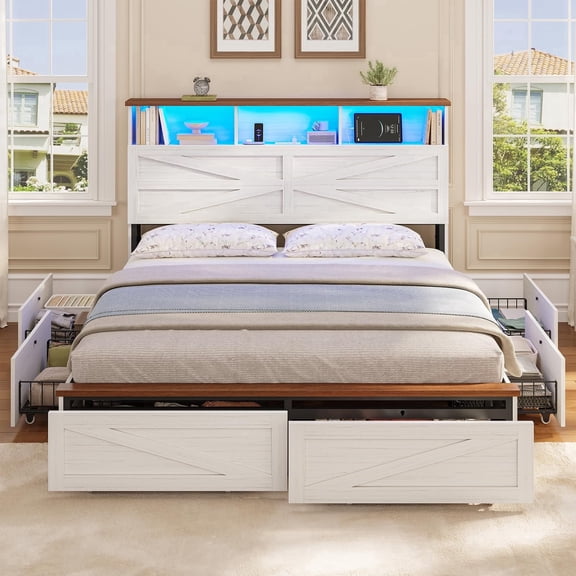 Farmhouse Bed Frame with 6 Storage Drawers, Queen Size Wood Platform Bed with Headboard Bookcase and Built-in Charging Station, LED Lights, White Modern Bedroom Furniture