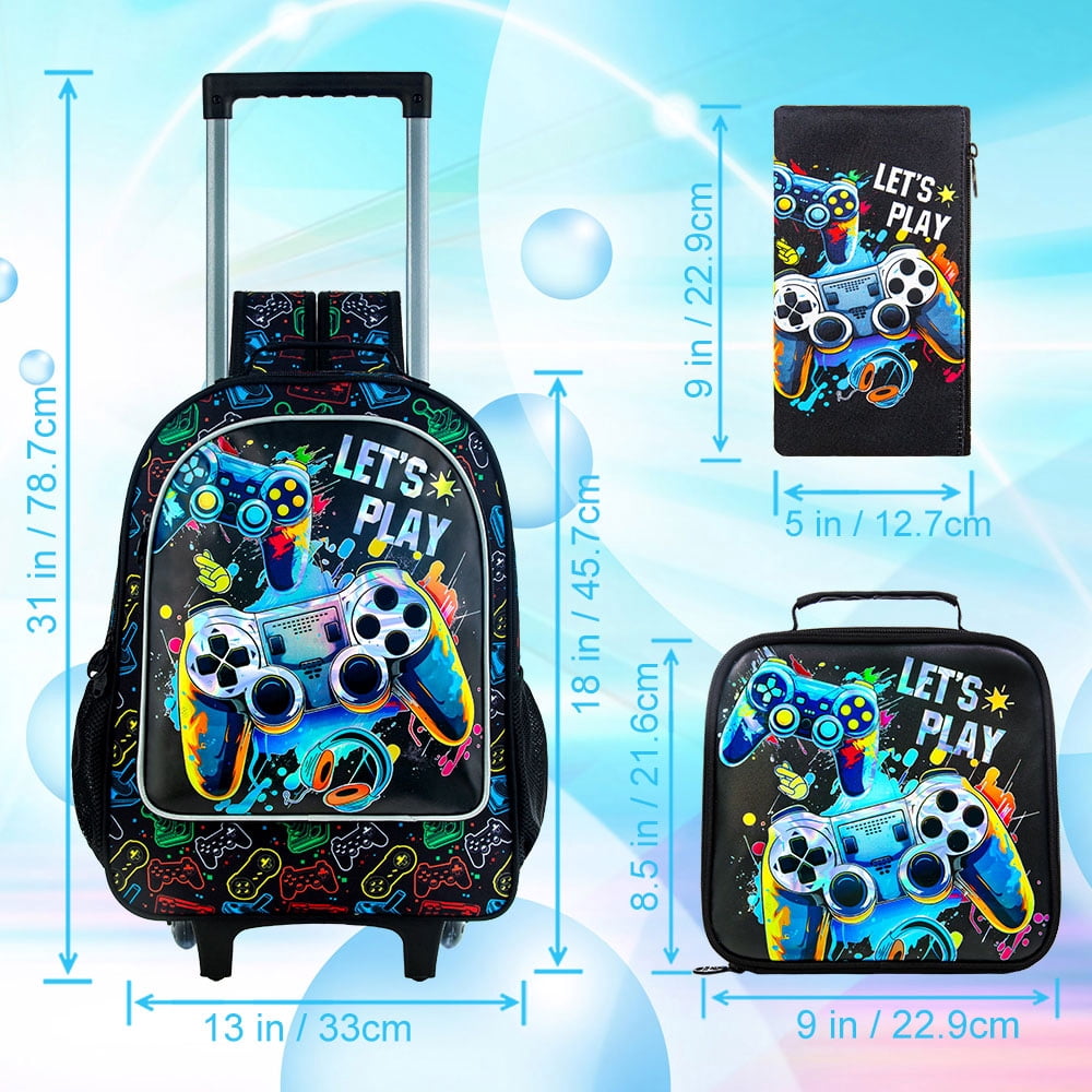 AGSDON 4PCS Boys Rolling Backpack, Cute Game Wheeled Bookbag, Roller School Bag with Wheels for Elementary Preschool Travel