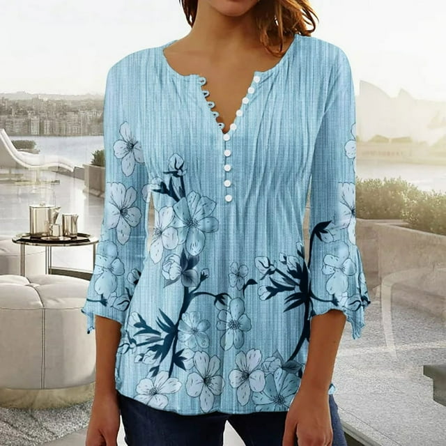 EIMELI Womens Tops Ladies Top Floral Print V-Neck Short Sleeve Button T-Shirt Coffee L