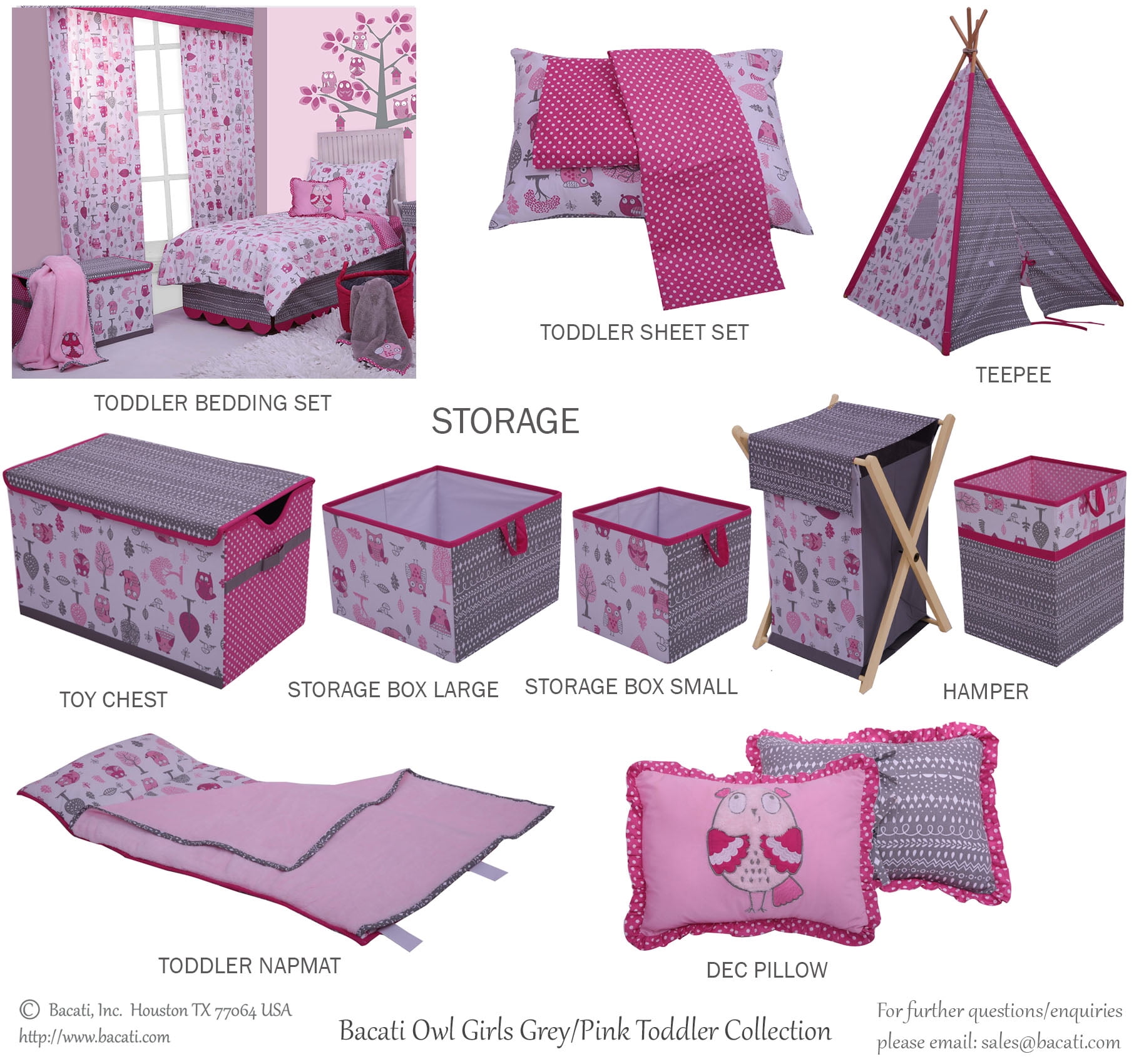 Bacati - Large Storage Tote Owls in the Woods Pink/Grey