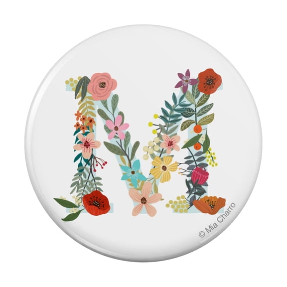 Letter M Floral Monogram Initial Pinback Button Pin