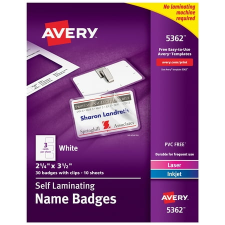 Avery Self-Laminating Name Badges with Clips, 2.25" x 3.5" (5362)