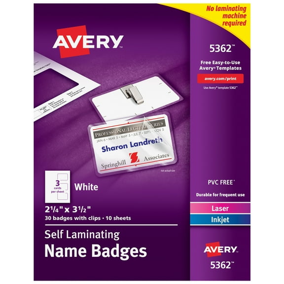 Avery Self-Laminating Name Badges with Clips, 2.25" x 3.5" (5362)