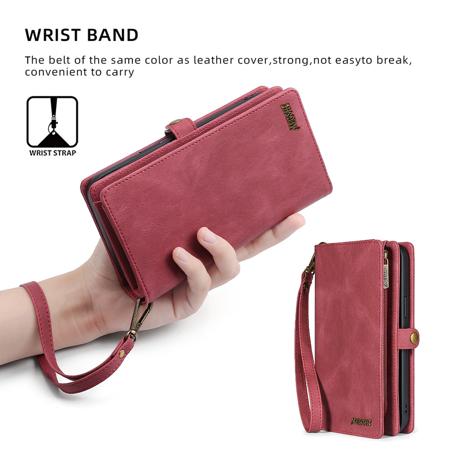 Detachable Wallet Case for Samsung Galaxy A42 5G, 2-in-1 Zipper Wallet with Credit Card Holder, PU Leather Wrist Strap Flip Stand Shockproof Removable Magnetic Purse Phone Cover, Red