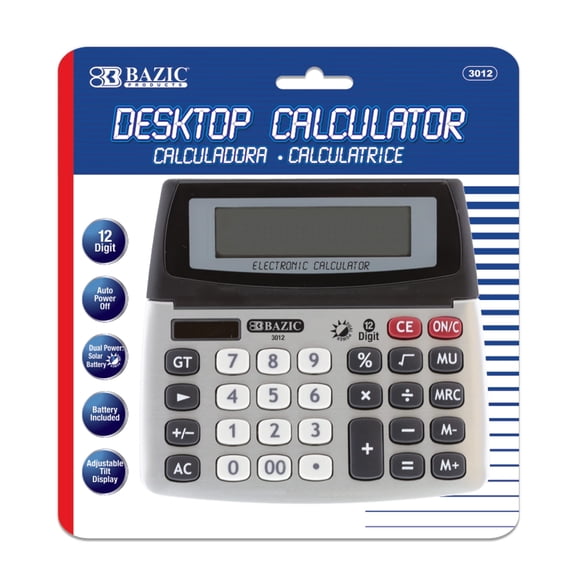 BAZIC 12-Digit Dual Power Desktop Calculator, Solar & Battery, 12-Pack