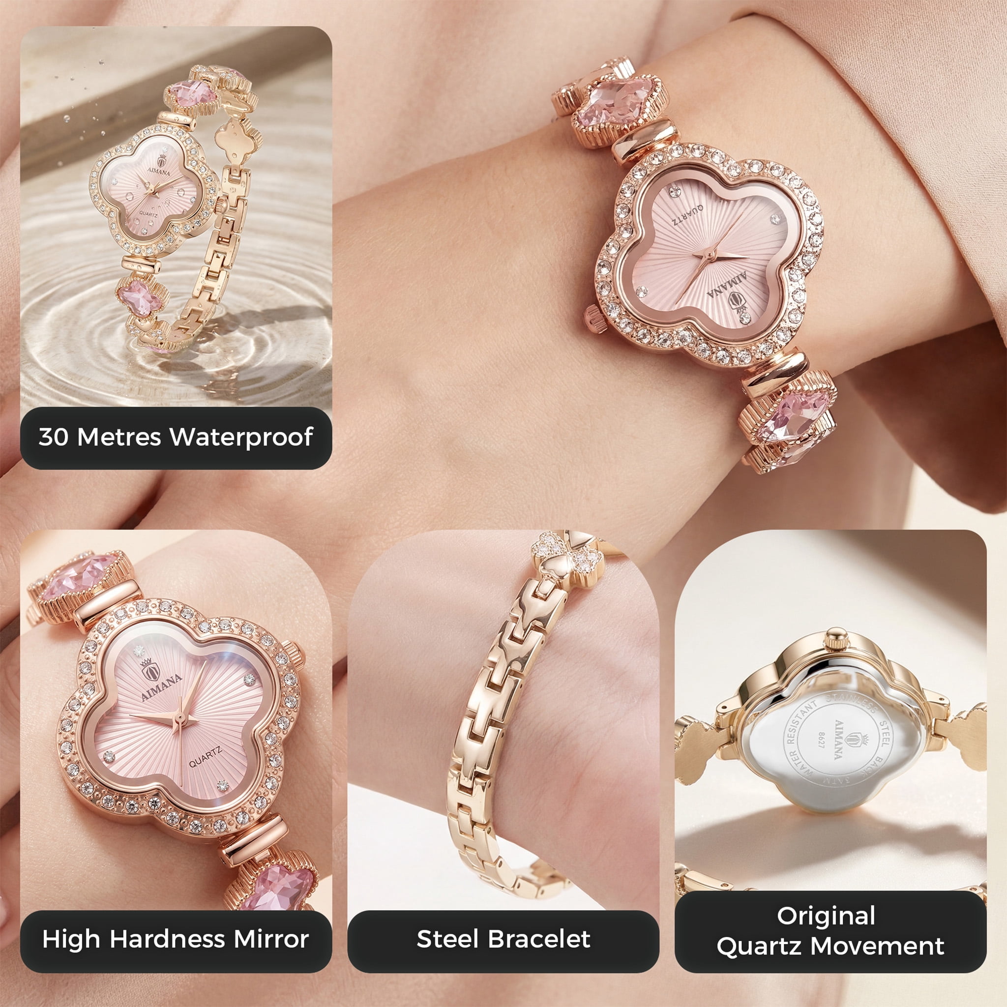 Gold Watches for Women, Rose Gold Tone Bracelet Watch for Ladies Jewelry, Vintage Leaf Clover Shaped Dial, Small Analog Quartz, Adjustment Tool Included