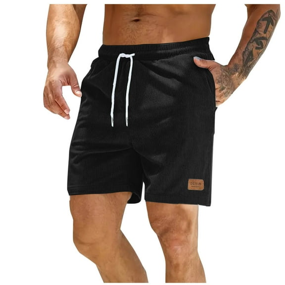 Havenre Men's Corduroy Shorts Lightweight Casual Elastic Waist Drawstring Lightweight Summer Beach Shorts with Pockets Black XXL