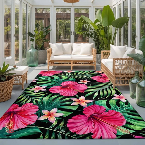 Green Palm Leaf Washable Living Room Rugs 6'x9', Summer Country Tropical Jungle Leaves Pink Flower Washable Throw Large Area Rug Non-Slip Sturdy Edge Binding Carpet for Dining Room Kitchen Office