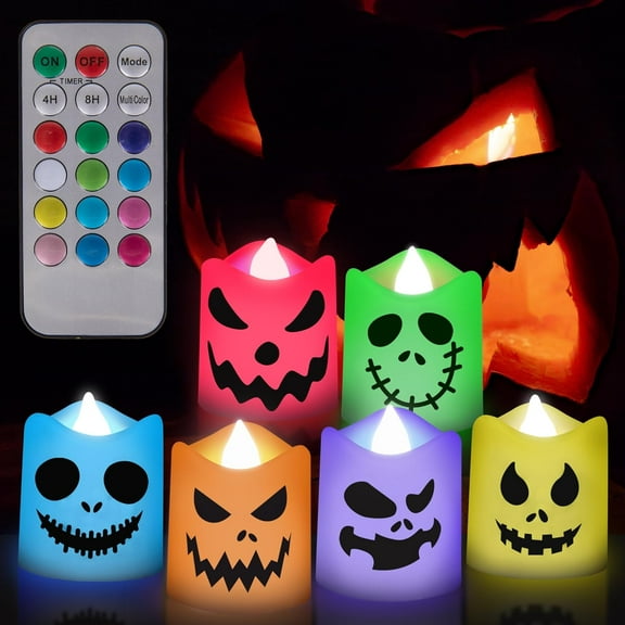 Halloween Flameless Votive Candles Color Changing with Remote Timer, Battery Operated LED Tealight Candles for Halloween Home Decoration Gifts(6 Pack, 1.5” x 2”)(Battery Included)