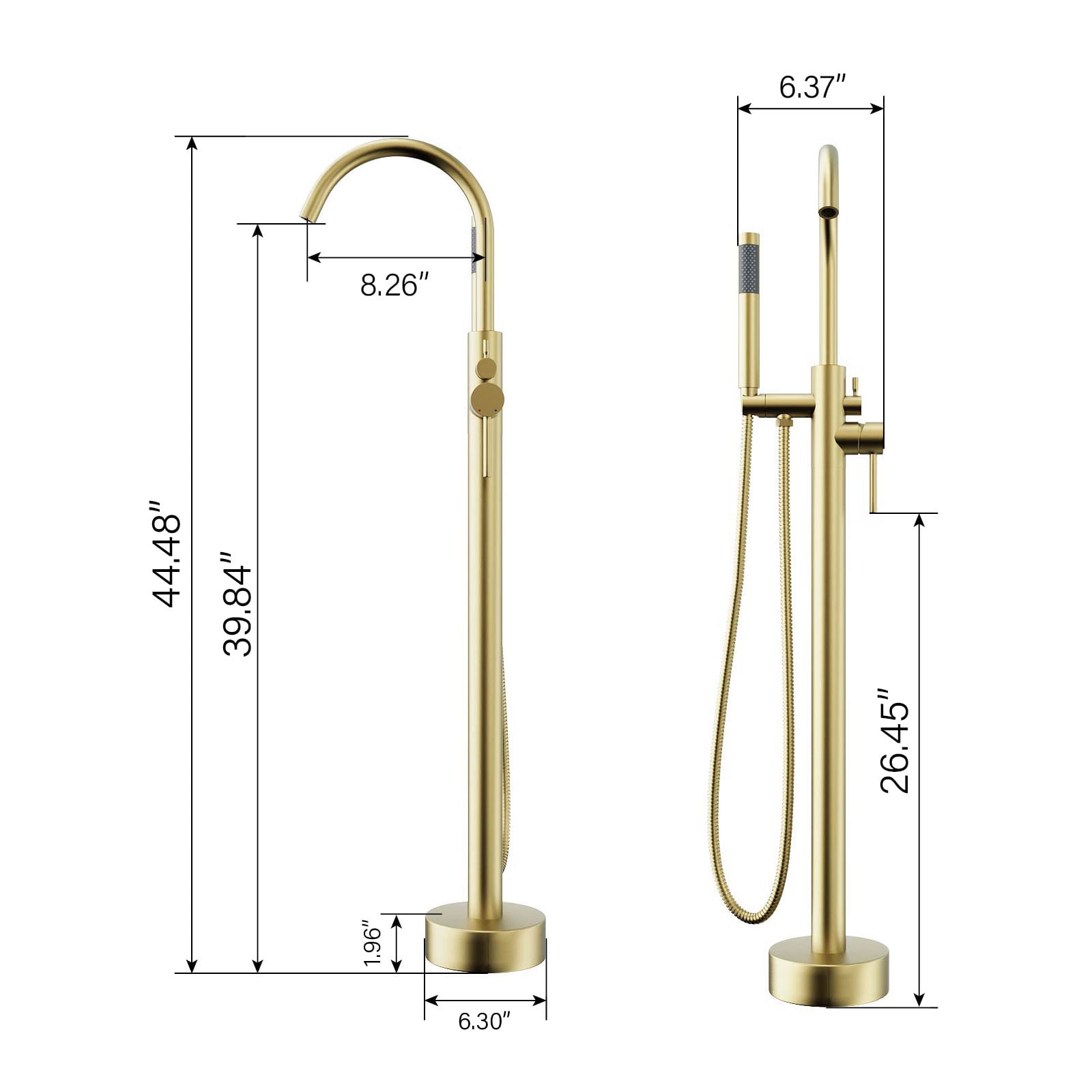 GT Freestanding Tub Faucet, High Flow Independent Free Standing Bathtub Faucet with Handheld Shower & Gooseneck Spout, 360°Swivel Tub Filler, Brass Body, Brushed Gold