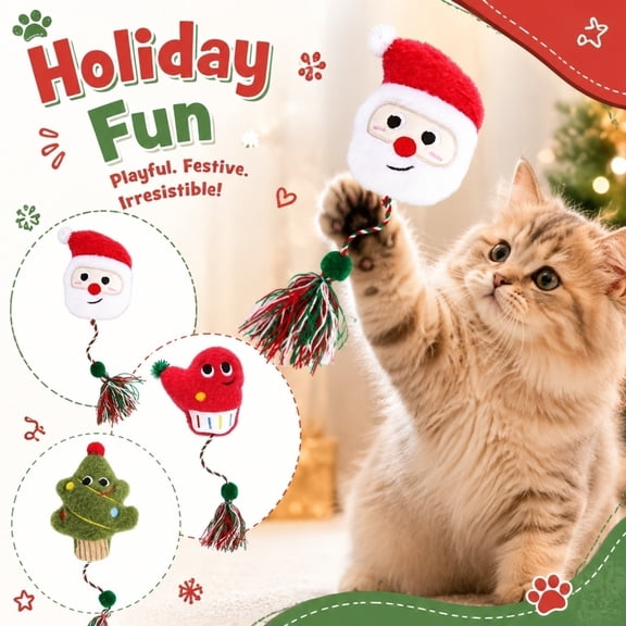 NookHive Christmas Cotton Rope Ball Wand - Catnip Infused Hanging Toy, Interactive Halloween Cat Toys (Christmas Edition), Encourages Exercise, Durable for Chewing,A