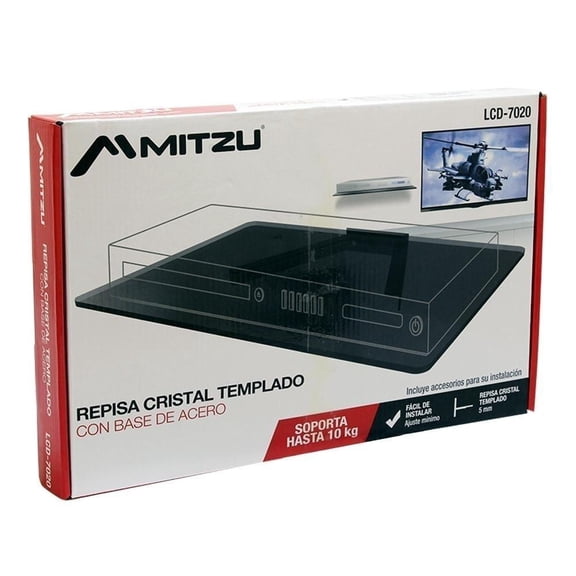 Repisa de Cristal Templado Mitzu con Base de Acero 35 x 22 x 2.5 cm
