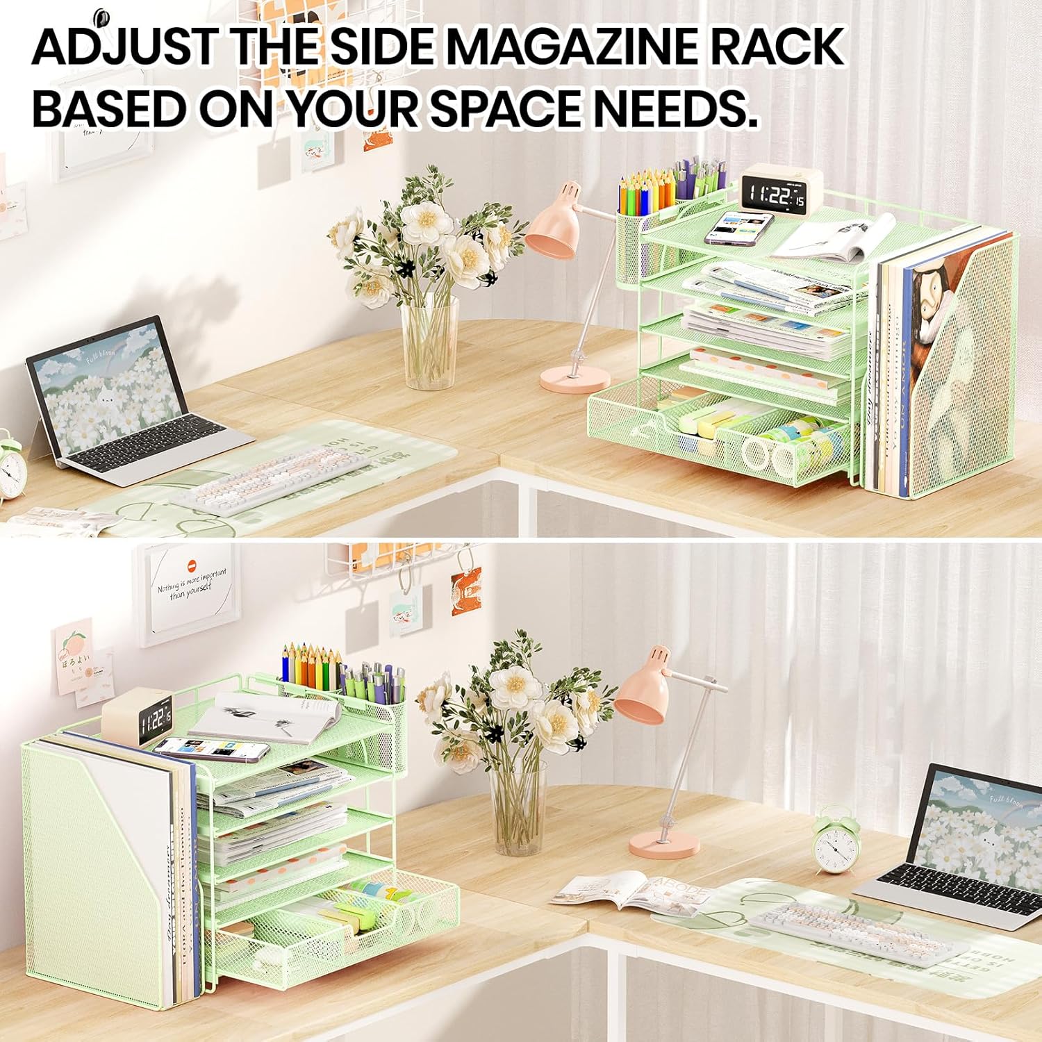 ThrottleT-Desk Organizers and Accessories with File Holder, 5-Tier Office Desk Accessories & Workspace Desktop Organizer with Drawer and 2 Pen Holder, File Paper Organizer for Office Supplies(Green)