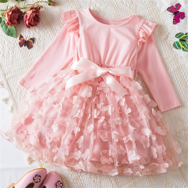 YUTK Girls Dresses Size 8 in Clearance Girls' Fall and Spring New Long Sleeve Ruffled Lace Round-Neck Embroidery Mesh Princess Bow Skirt Pink