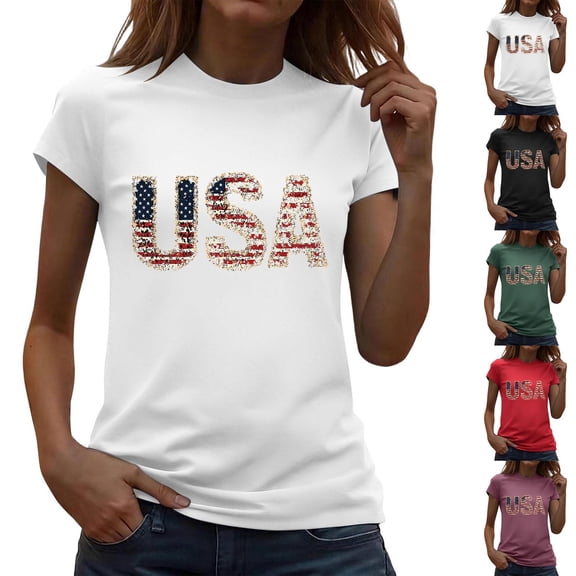 Goodtrade8 Women's Short Sleeve Shirts Summer USA Years Anniversary Pullover Fourth of July Casual Graphic Independence Day Red White and Blue American Flag Tops for Women Crew Neck