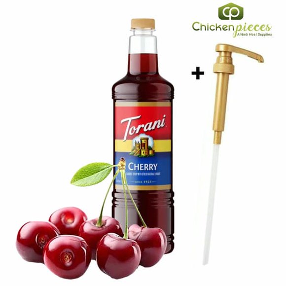 Torani Sirop Aromatisé à la Cerise, Base Professionnelle de Fruits Mûrs au Soleil, Bouteille en Plastique 1 L Résistante aux Bris + Pompe Doseuse Bonus