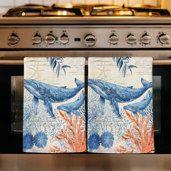 Blue Coastal Whale Kitchen Towels Set of 1, Rustic Nautical Coral Starfish Leaves Absorbent Dish Towels for Kitchen, Microfiber Hand Towel, Quick Drying Tea Towel for Cleaning Decorative Dishcloths