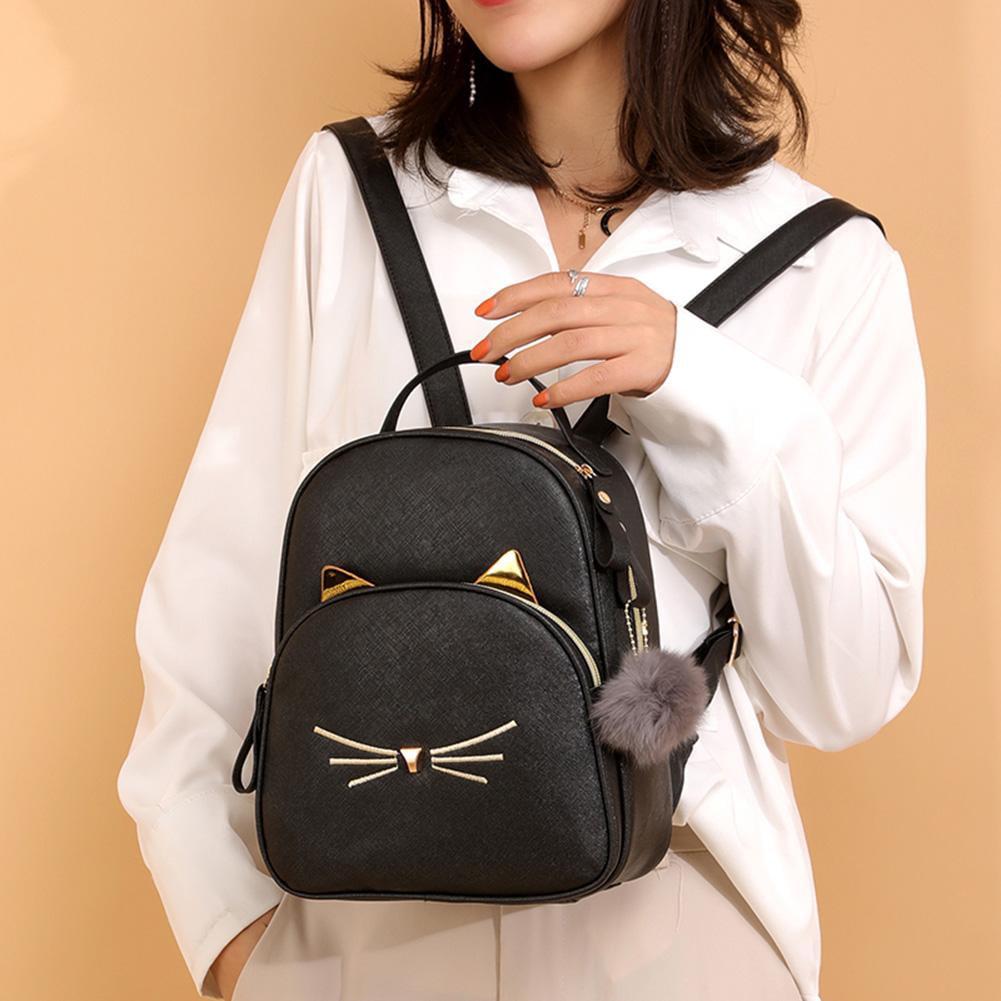 Black Women Girls Cute Mini Backpack Casual Travel Cat Ear Straw Shoulder School Bag Rucksack Daypacks One Size 