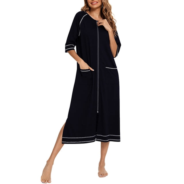 Lucakuins Camisón para Mujer, Manga Corta con Cremallera Abertura Camisón Largo Ropa de Dormir Loungewear Lucakuins moda