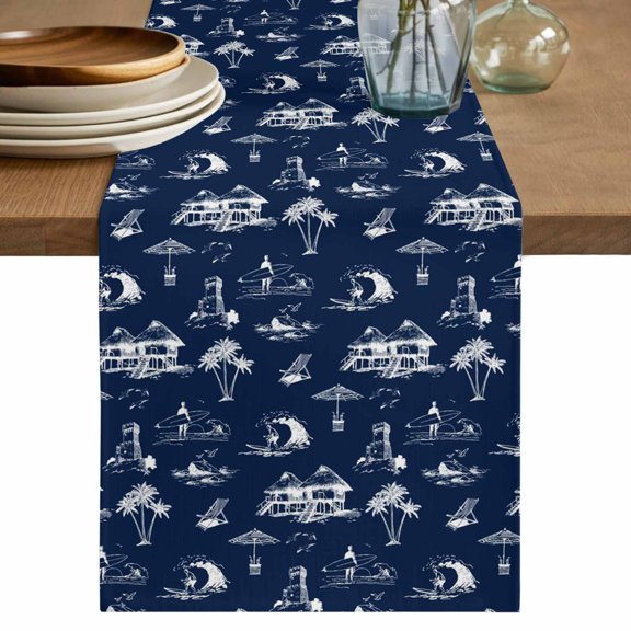 Navy Blue Nautical Table Runner 72 Inches, Summer Coastal Ocean Beach Coconut Trees Bed Runner Dresser Scarves Tabletop for Indoor Outdoor Parties/Ceremony/Banquet, 14" x 72"