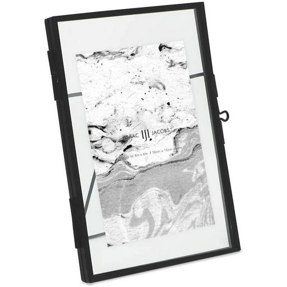Isaac Jacobs 4x6, Black Modern Style Brass and Glass, Pressed Glass, Metal Floating Desk Photo Frame Vertical, with Locket Closure for Pictures, Art, Mementos & Keepsakes 4x6, Black