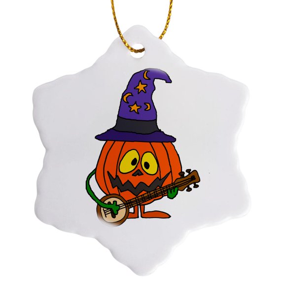 3drose, Funny Funky Pumpkin Man Playing Banjo Cartoon, 3 inch Snowflake Porcelain Ornament