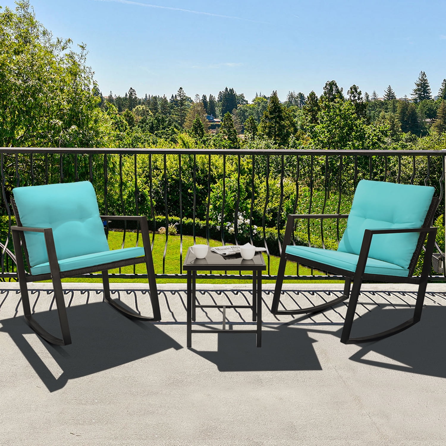 Walnew 3 Pieces Patio Furniture Set Rocking Wicker Bistro Sets Modern Outdoor Rocking Chair Furniture Sets Cushioned Pe Rattan Chairs Conversation Sets With Glass Coffee Table Blue Walmart Com Walmart Com