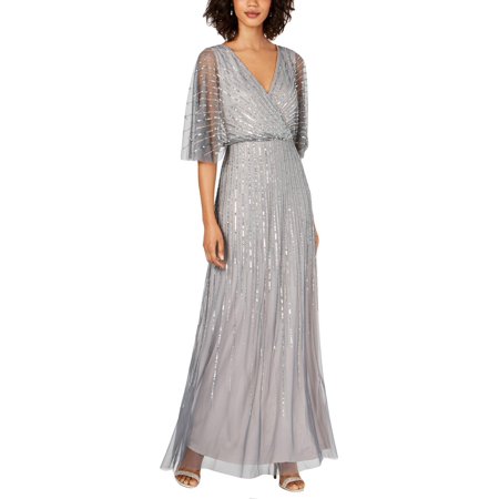 Adrianna Papell Womens Embellished Kimono Sleeve Evening Dress Gray 8
