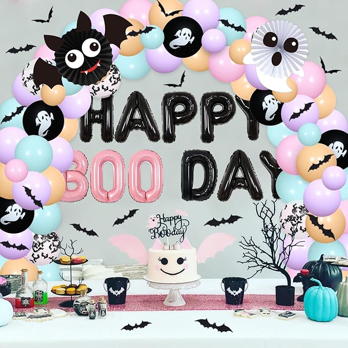 Happy Boo Day Party Decorations Girl, Boo Themed Birthday Party Macaroon Halloween Balloon Garland Arch Kit with Ghost Bat Balloons 3D Bats Wall Stickers for Halloween 1st 2nd 3rd Bday Party Decor