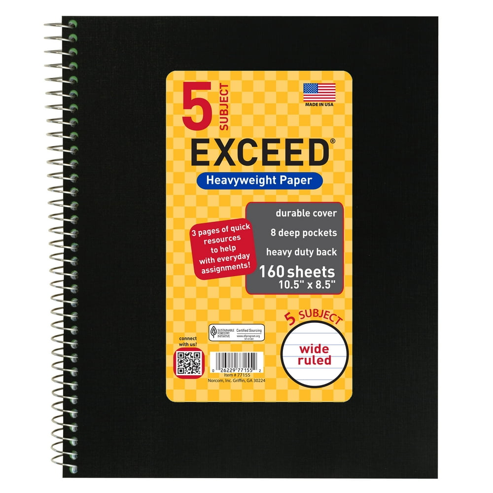 160ct 5 Sub Black Exceed Notebook, 10.5 x 8.5, Wide Ruled