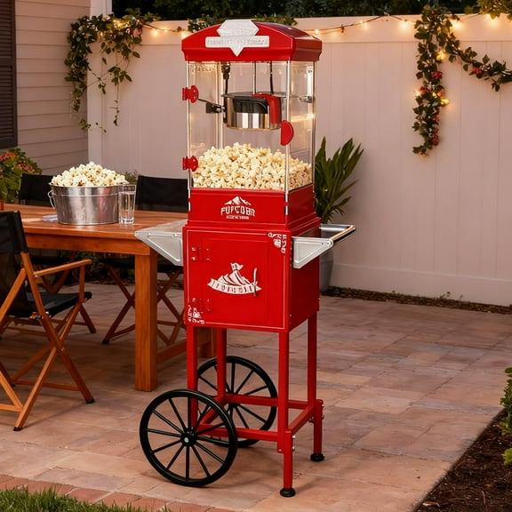 Commercial Popcorn Machine with Cart - 10oz Vintage Style Popper, 480W, Tempered Glass & Warming Deck, Wheels for Home Theater, Parties, Events, Red