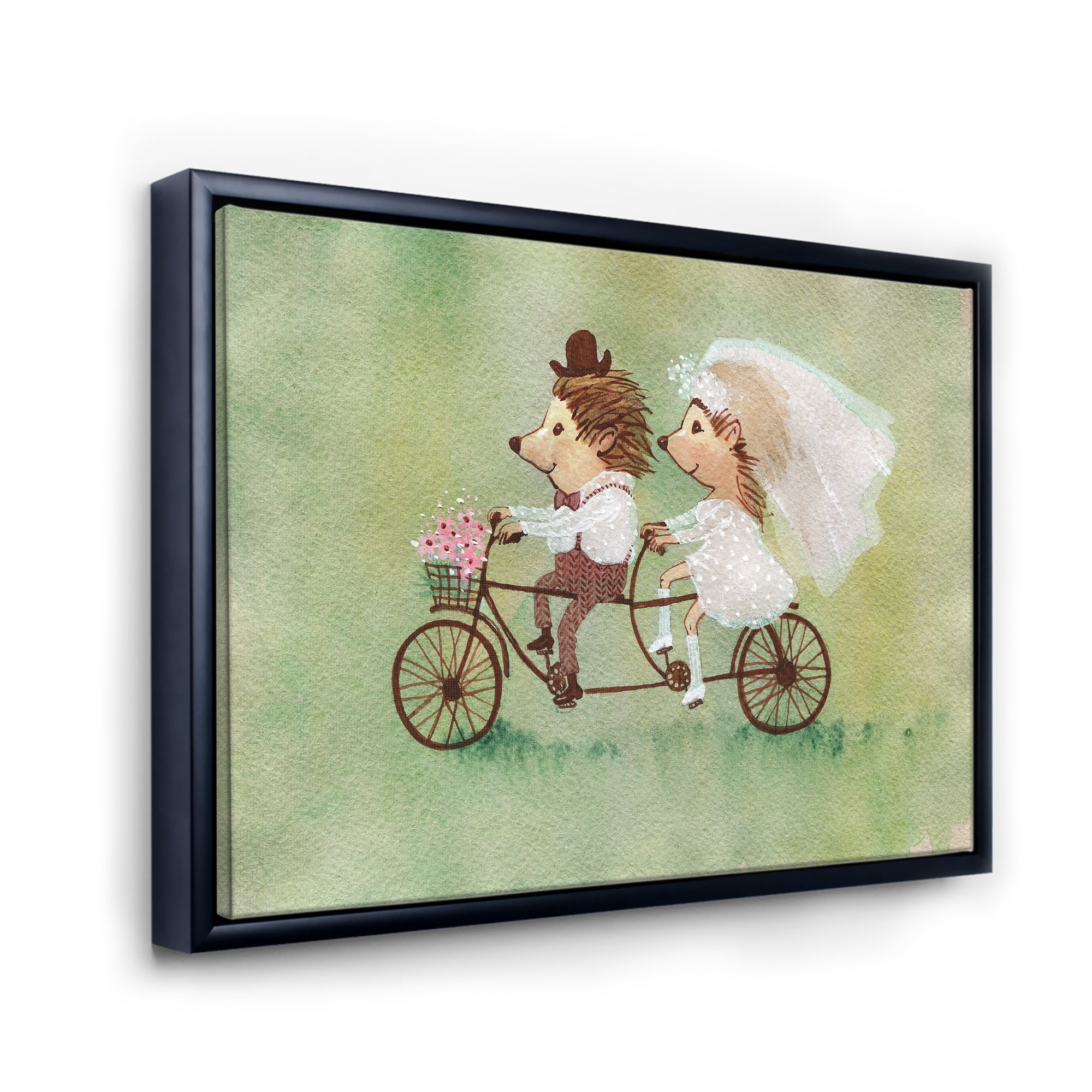 Designart 'Wedding Couple of Hedgehogs Riding A Bike' Traditional Framed Canvas Wall Art Print