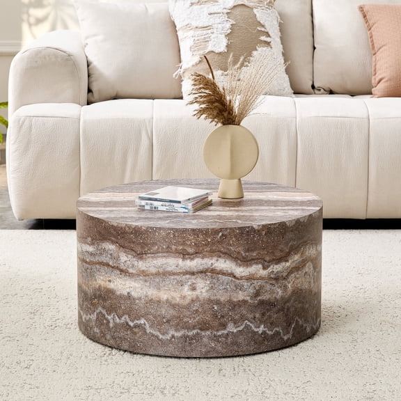 Round Coffee Table, 23.6 Diameter Modern MDF Center Table with Cave Stone Pattern Finish, Low Profile 11.8 Height, Sturdy Cylinder Design, Small Space Living Room Apartment Coffee Table