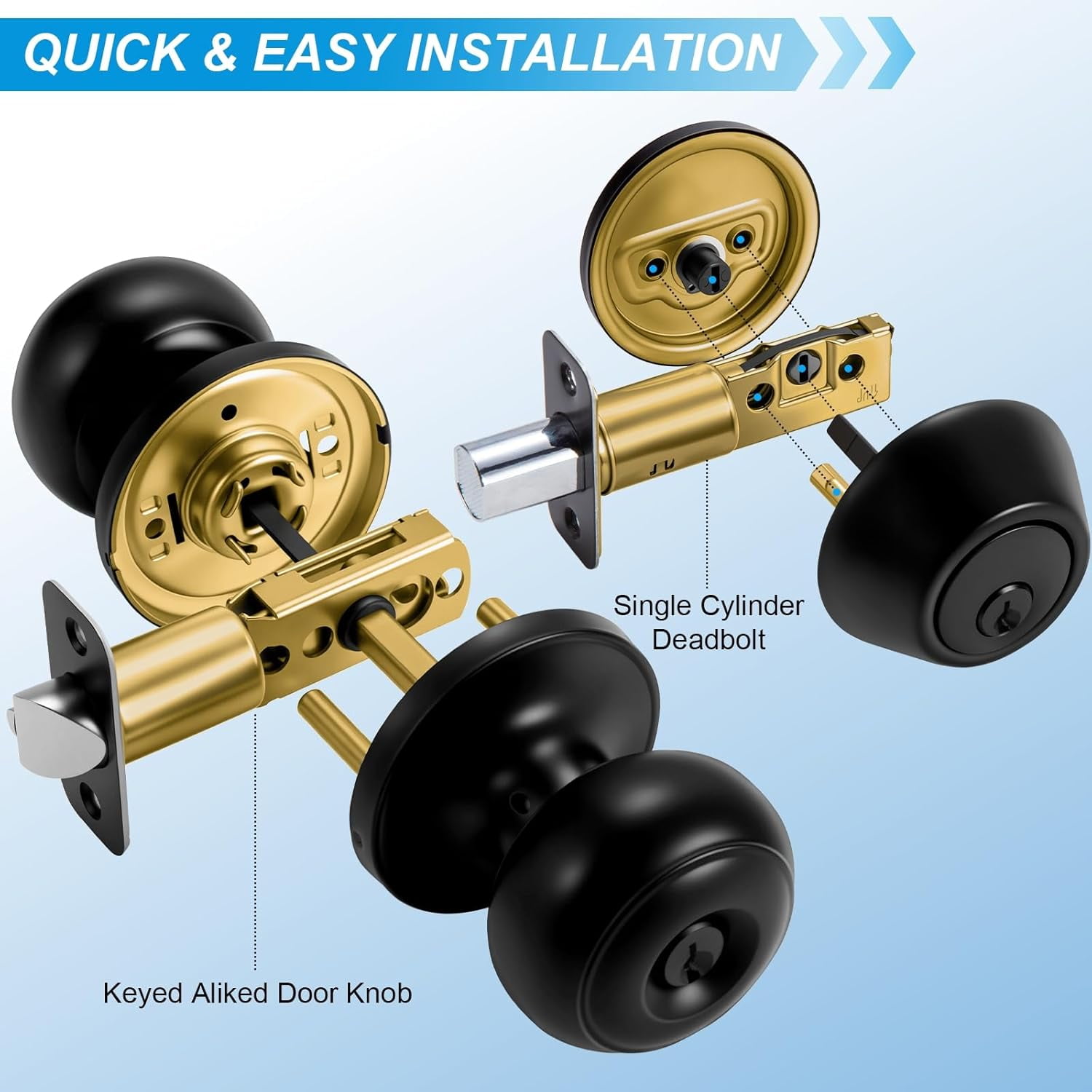 3 Pack Front Door Lock Set Matte Black,Exterior Door Lock Set with Deadbolt,Single Cylinder Deadbolt Lock and Door Knob Set,Keyed Alike Door Knobs with Lock&Keys,Round Ball Entry Door Lockset