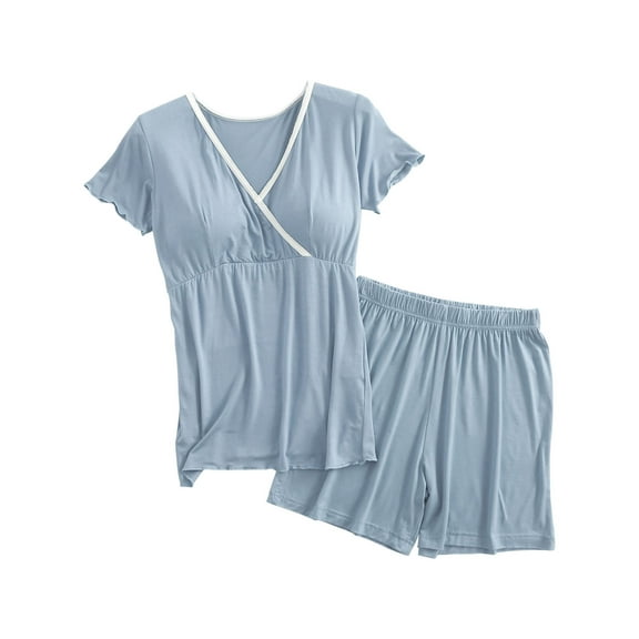 Wo-Fusoul Women's Maternity Outfit - V-Neck Short Sleeve Top & Shorts Set, Soft 40% Cotton 40% Polyester 20% Modal Blend, Breathable Pregnancy Lounge Wear, Comfortable Casual Mom Clothes for Summer