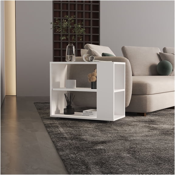 JERFIT Modern White End Table with 2 Shelves, Narrow Sofa Side Table for Small Spaces, Living Room Accent Table, Bedside Nightstand, Plant Stand