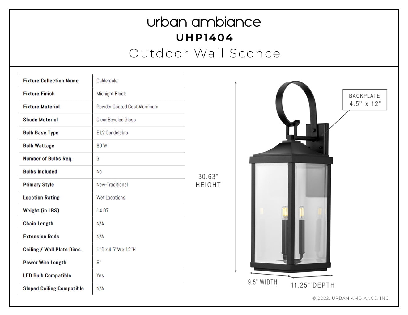 Luxury Transitional Wall Sconce, 30.625H x 9.5W, with Farmhouse Style, Midnight Black, UHP1404 by Urban Ambiance