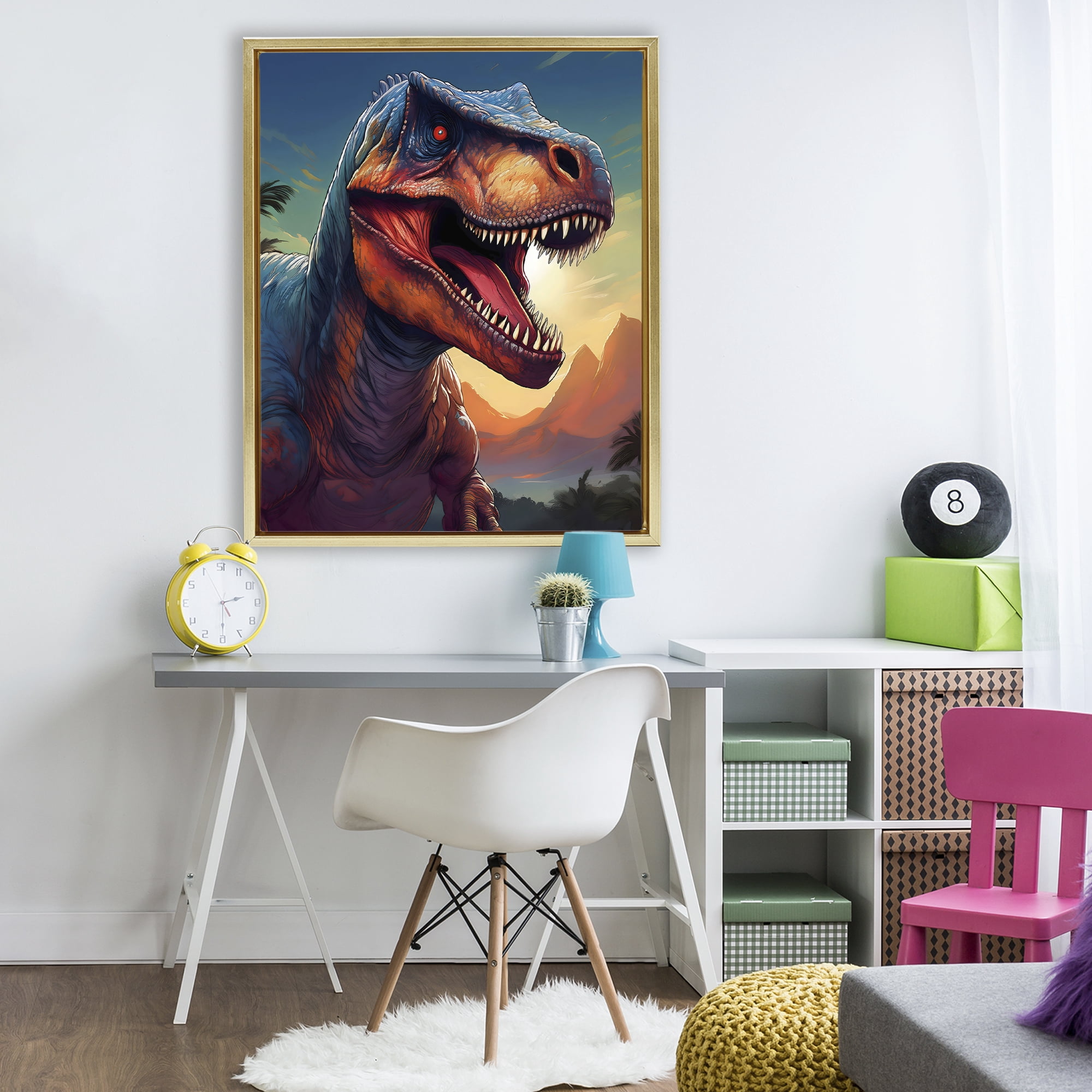 Stupell Industries Dinosaur with Sunset Landscape Gold Framed Floater Canvas Wall Art, design by Creative Studio