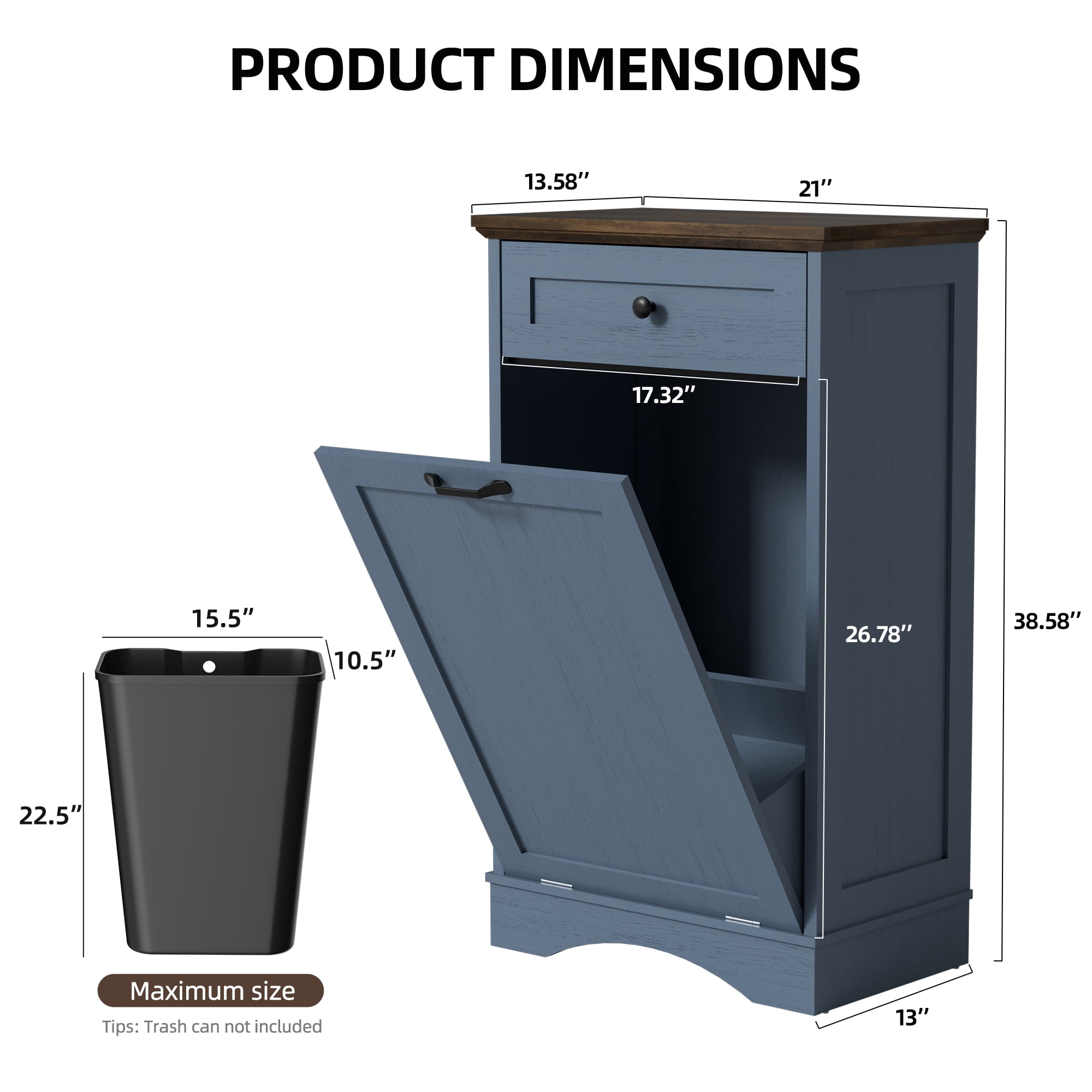AHB 13 Gallon Tilt Out Kitchen Trash Cabinet with Drawer, Single Trash Can Storage Organizer, 20.9"L x 13.55"W x 38.5"H , Blue
