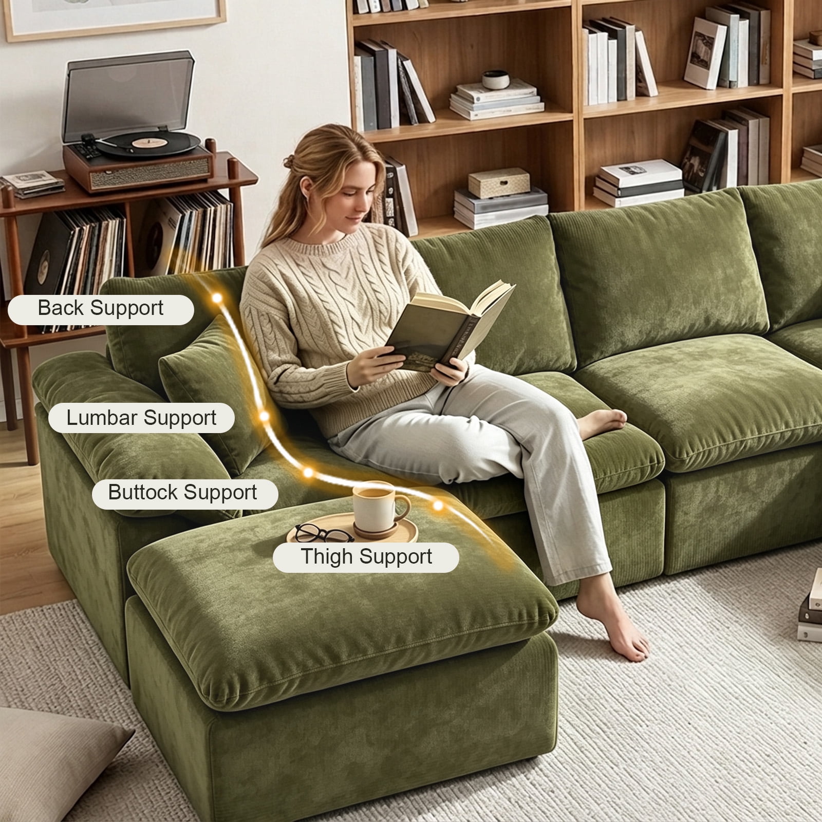 Aisword 130" Modular Sectional Sofa,Oversized Cloud Couch with Movable Ottoman,U-Shaped Convertible Boneless Sofa,Deep Seat Chenille Sectional Couch for Living Room,Green