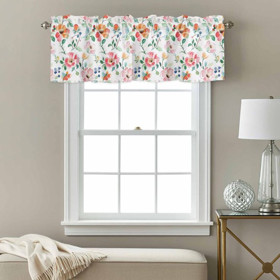 Curtain Valances for Kitchen Windows,Watercolor Flower Leaves on White Rod Pocket Valances Short Curtains Summer Floral Window Treatment for Living Room Bathroom Bedroom Decor,54x18in