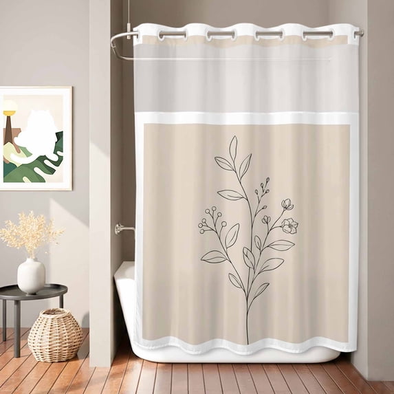 No Hook Shower Curtain, Minimalist Leaves Shower Curtains for Bathroom with See Through Top Window, Modern Farmhouse Botanical Floral Waterproof & Washable Bath Curtain Extra Long 72"x84"