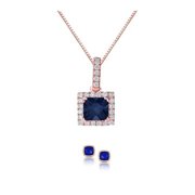 PJ Jewelry 4ct Halo Blue Sapphire Round 18 Inch Necklace and Square Earrings Set