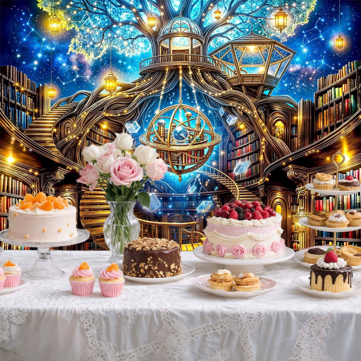 10x8ft Magic Library Photography Backdrop, Fantasy Tree Library with Armillary Sphere Starry Sky Background, Enchanted Bookstore Decor for Book Lovers Reading Birthday Party Photo Booth