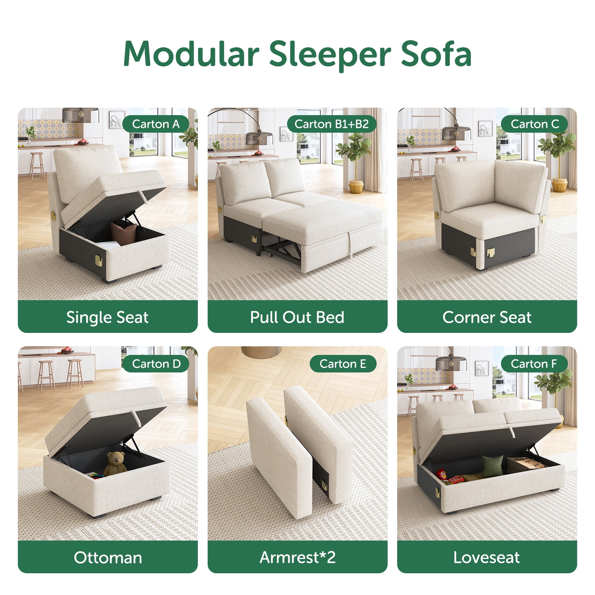 HONBAY Pair of Armrests for Modular Sectional Sleeper Sofa, Linen Beige