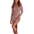 thumbnail image 4 of Txlixc Vestido de mujer, cuello de solapa de color sólido, manga larga, botón, adec Txlixc moda, 4 of 8
