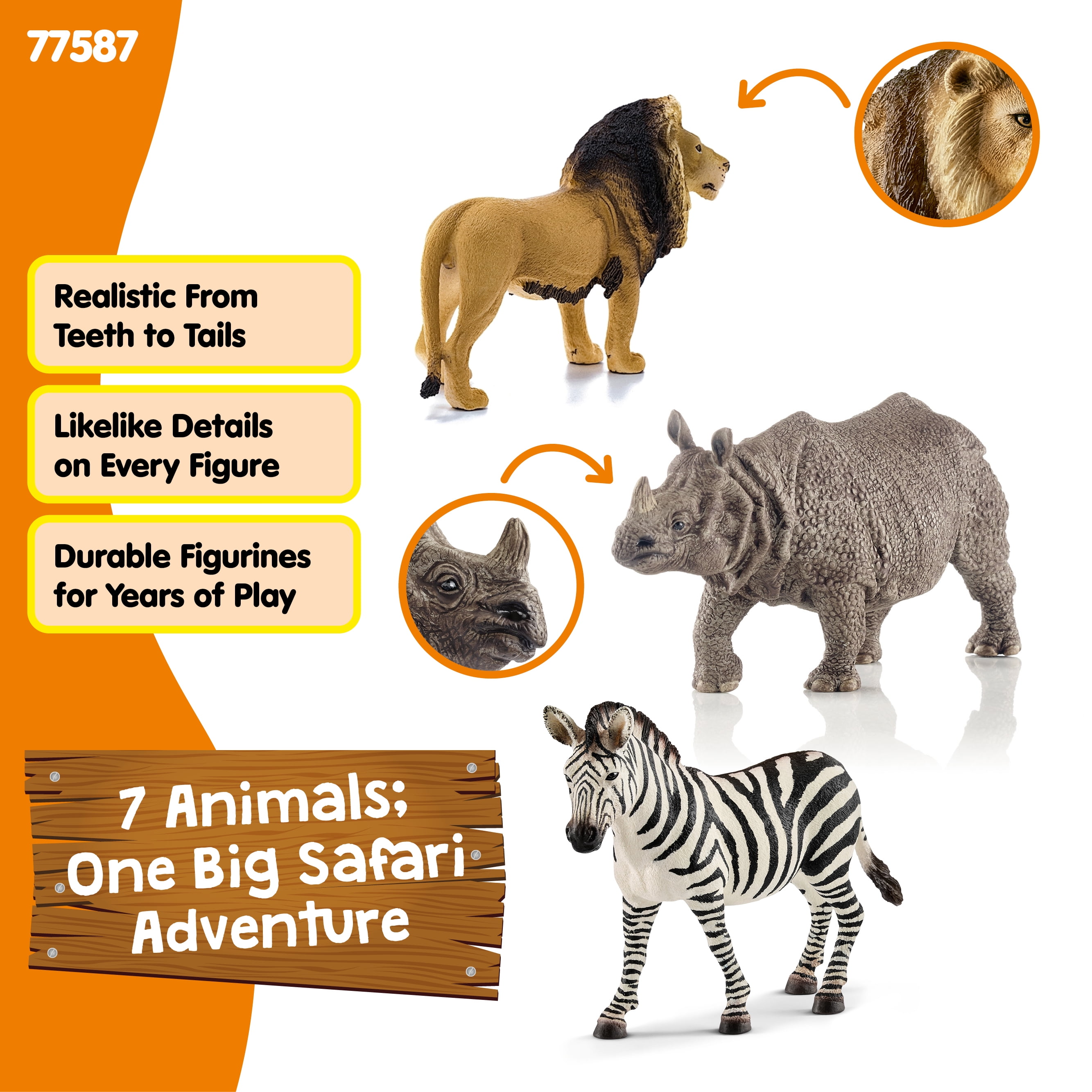 Schleich Animals Wild Life Safari Animals Figures 7-Piece Animal Figurines Set with Lion, Giraffe, Zebra, Bonobo, Rhino, Crocodile and Cheetah Cub Toy