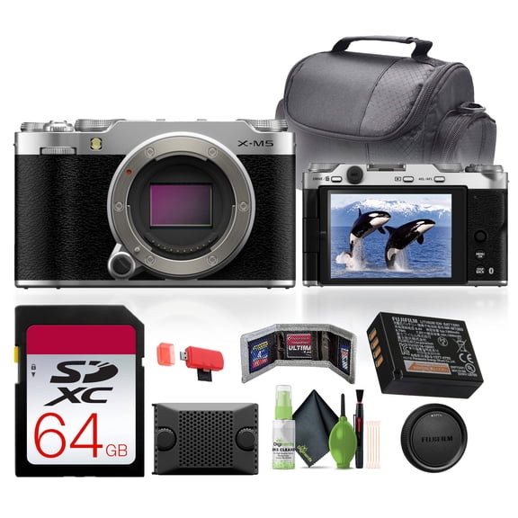 Fujifilm X-M5 Mirrorless Digital Camera Body (Silver)   64GB Memory Card   Cleaning kit   Memory Card Wallet   USB Card Reader, SD/microSD   Travel Bag