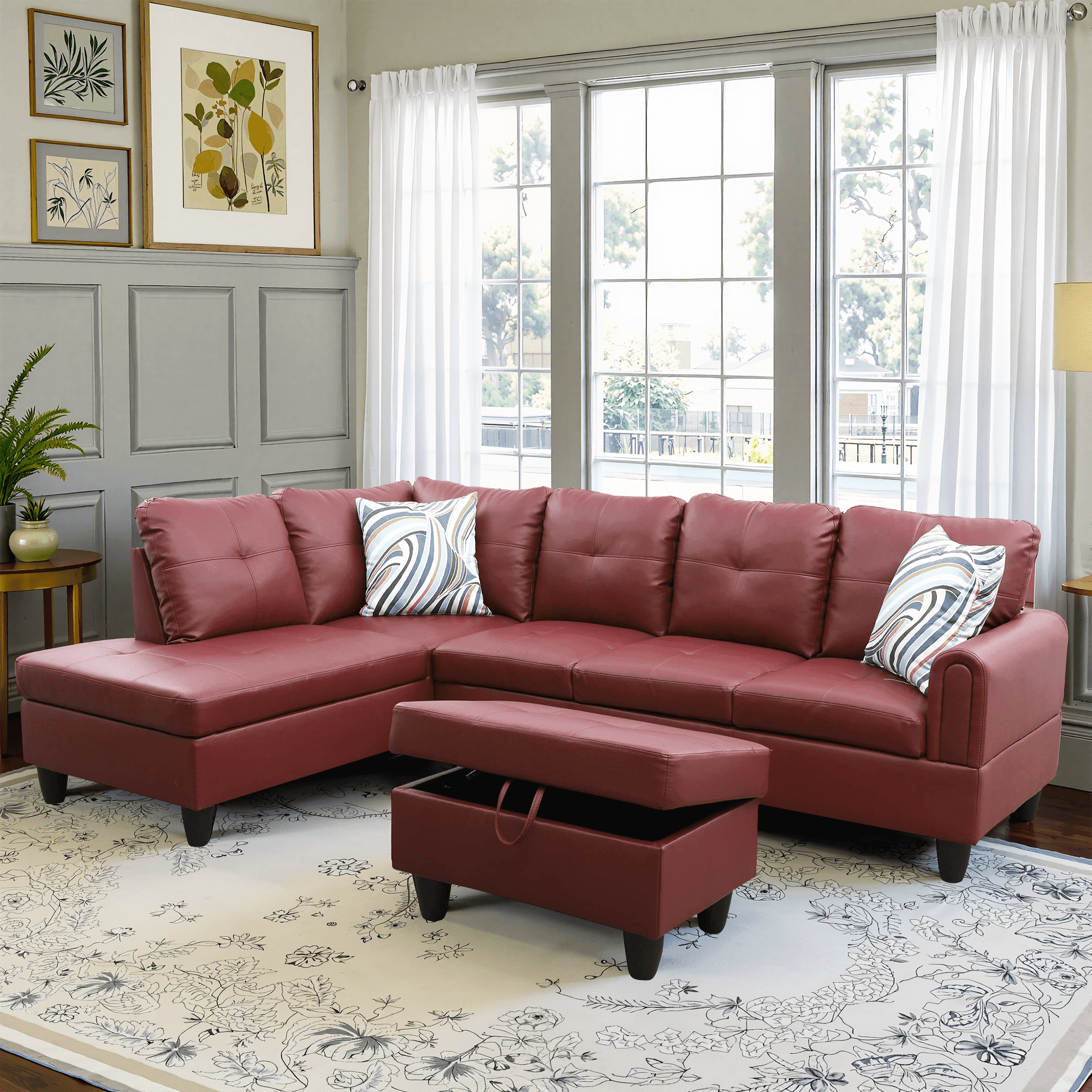 MAYEERTY 97" Ruby Modern Faux Leather Couch Rich Red Bold Living Room Seating