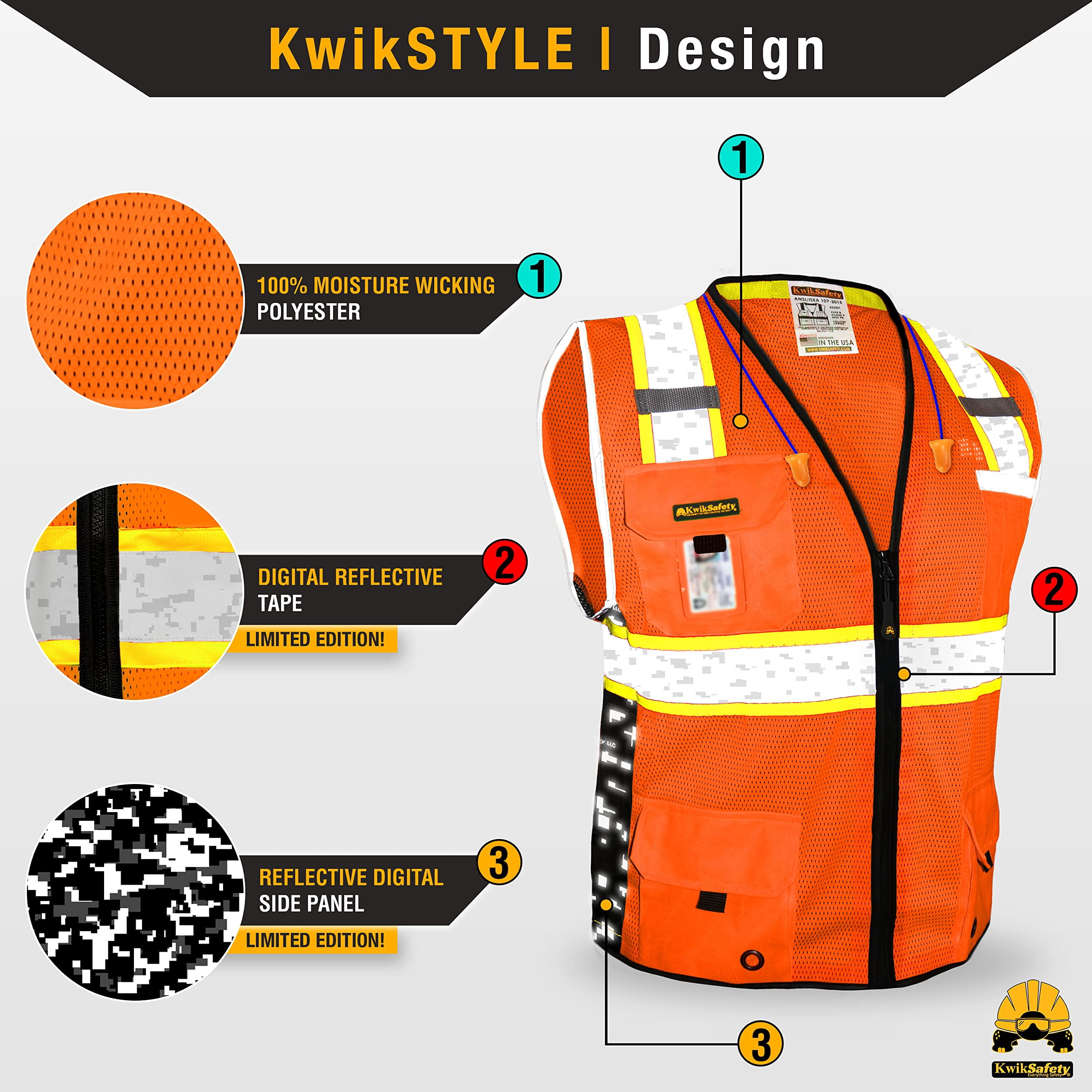 KwikSafety (Charlotte, NC) BIG KAHUNA DIGITAL Safety Vest (LIMITED EDITION) ANSI Class 2 OSHA Reflective High Visibility Heavy Duty Surveyor Construction Mesh Vis Zipper Men Work | Orange Extra Large
